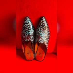 Patricia Nash Turquoise Batista Mules Heeled Leather Western Size 10